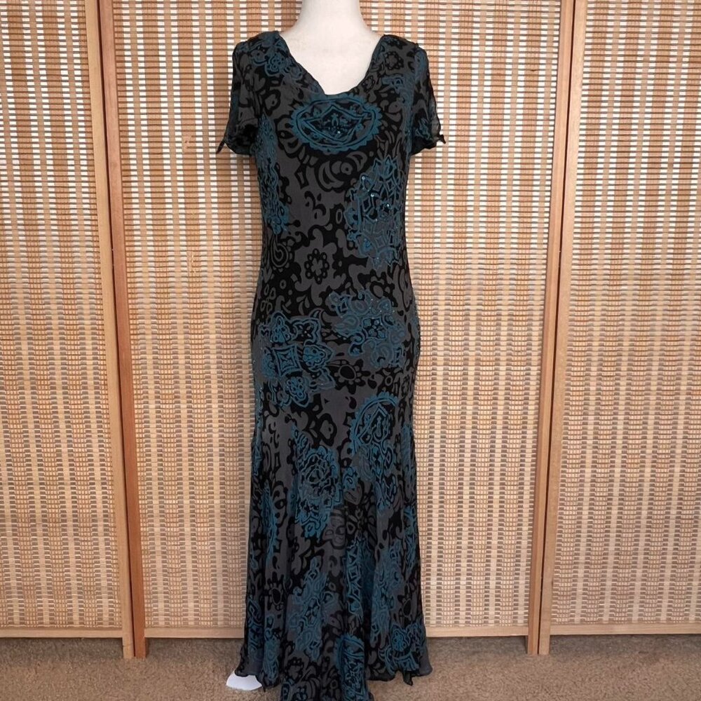Turquoise gray and black flowy maxi dress with bead details